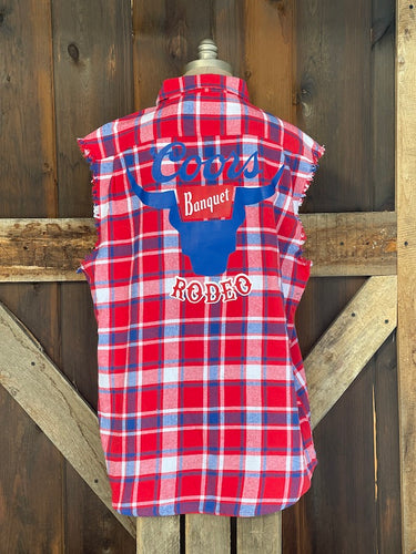 Coors Banquet Rodeo Sleeveless Flannel- Red/White/Blue Plaid